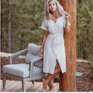 Cara Loren beige striped belted shirt dress size small